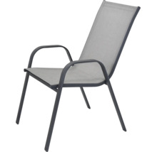 Chaise de jardin anthracite avec accoudoirs, structure en métal et revêtement en textile gris.