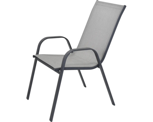 Chaise de jardin anthracite avec accoudoirs, structure en métal et revêtement en textile gris.