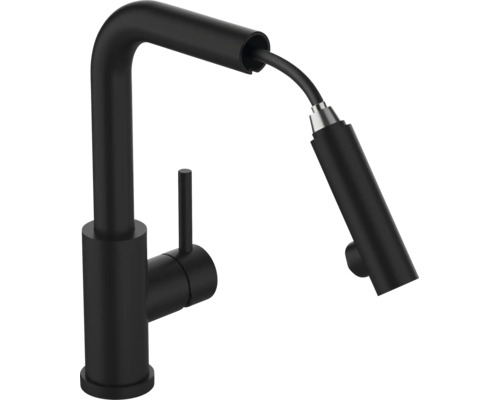 Mitigeur de cuisine noir avec douchette extractible.