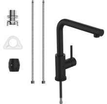Mitigeur de cuisine monocommande noir mat avec bec en L incluant les tuyaux de raccordement et le kit de montage