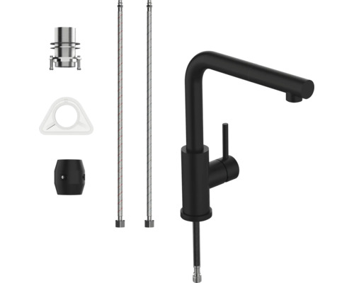 Mitigeur de cuisine monocommande noir mat avec bec en L incluant les tuyaux de raccordement et le kit de montage