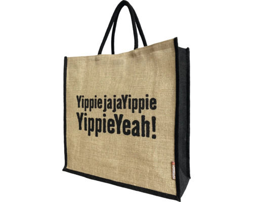 Große Einkaufstasche aus Jute mit schwarzen Henkeln und Seitenteilen, Text YippiejajaYippie YippieYeah und Hornbach Logo Etikett.