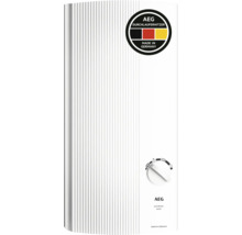Chauffe-eau instantané électronique AEG avec façade nervurée et bouton rotatif, fabriqué en Allemagne.