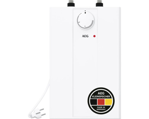 Petit chauffe-eau AEG, petit réservoir d'eau chaude blanc avec bouton rotatif et fiche électrique, Fabriqué en Allemagne