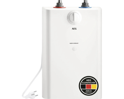 Petit chauffe-eau AEG blanc avec bouton de réglage de la température et cordon d'alimentation.