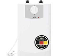 Petit chauffe-eau AEG blanc avec régulateur de température de 35 à 85 degrés Celsius.