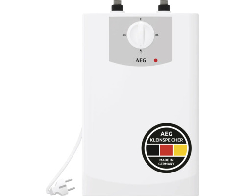 Petit chauffe-eau AEG blanc avec régulateur de température de 35 à 85 degrés Celsius.