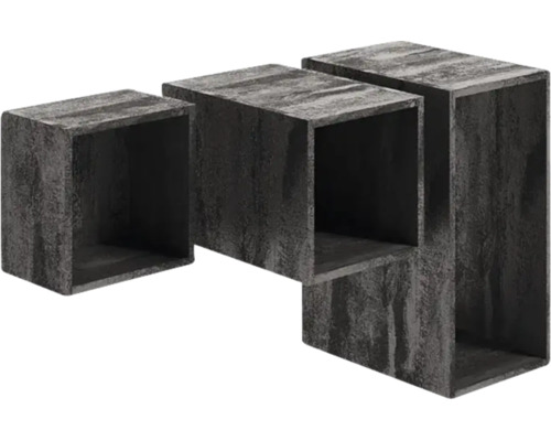 Ensemble de trois étagères murales cubiques aspect béton foncé de différentes tailles.