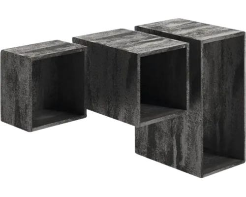 Lot de trois étagères murales aspect béton foncé, composé de trois cubes ouverts de tailles différentes.
