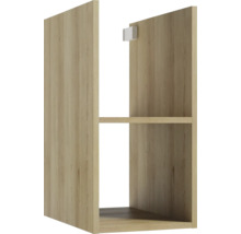 Étagère murale ouverte aspect bois avec une tablette et fixation.