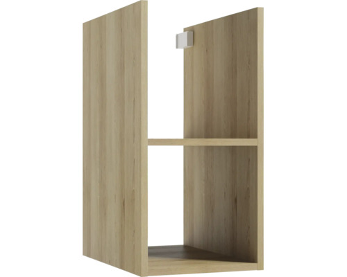 Étagère murale ouverte aspect bois avec une tablette et fixation.