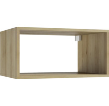 Étagère murale horizontale aspect bois, structure ouverte, forme rectangulaire.