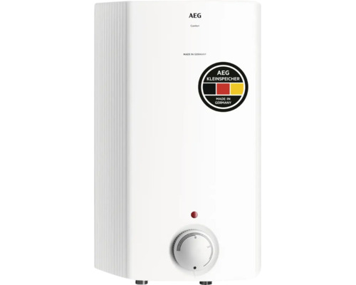 Petit chauffe-eau AEG Comfort, réservoir d'eau chaude blanc avec bouton rotatif de réglage, Fabriqué en Allemagne.
