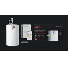 AEG Kleinspeicher HUZ 5 ÖKO Comfort mit Bedienungsanleitung, Energielabel, Wandhalterung und Produktverpackung.