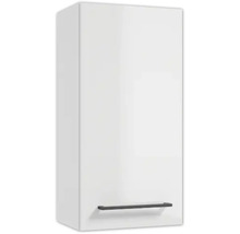 Armoire de toilette suspendue en blanc brillant avec une poignée barre noire en bas.
