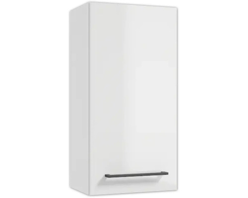 Armoire de toilette suspendue en blanc brillant avec une poignée barre noire en bas.