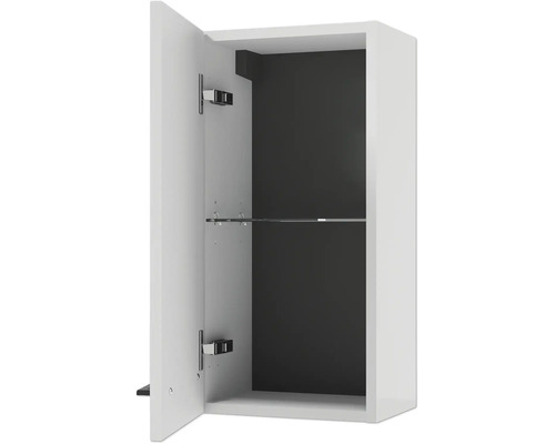 Armoire de salle de bain suspendue blanche avec porte ouverte, une étagère en verre et fond sombre.