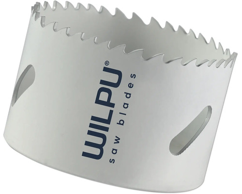 Scie cloche Wilpu avec bord dentelé et fentes latérales. Wilpu Saw Blades Logo.