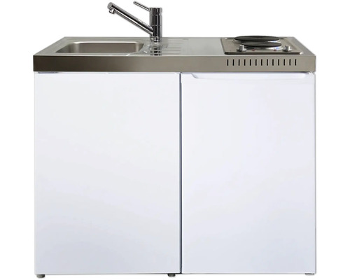 Kitchenette avec évier en acier inoxydable, mitigeur, deux plaques de cuisson et meuble bas blanc.