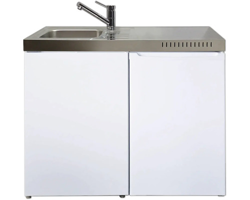 Mini cuisine blanche avec évier en acier inoxydable, robinet et réfrigérateur intégré.