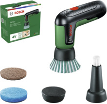 Brosse de nettoyage électrique Bosch Taydo 4 Volt avec différents embouts de brosse, tampons de nettoyage et emballage.