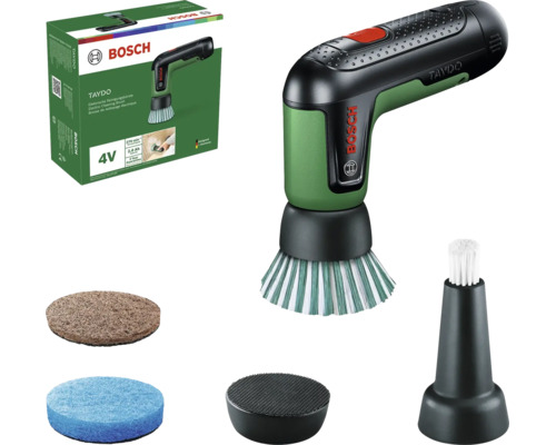 Brosse de nettoyage électrique Bosch Taydo 4 Volt avec différents embouts de brosse, tampons de nettoyage et emballage.