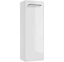 Armoire de toilette suspendue haute et blanche, dotée d'une poignée horizontale sombre sur le dessus.