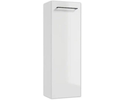 Armoire de toilette suspendue haute et blanche, dotée d'une poignée horizontale sombre sur le dessus.