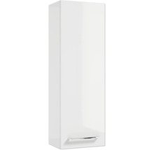 Armoire latérale de salle de bain suspendue, blanc brillant, avec une poignée en métal chromé en bas.