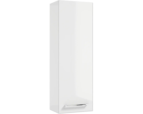 Armoire latérale de salle de bain suspendue, blanc brillant, avec une poignée en métal chromé en bas.