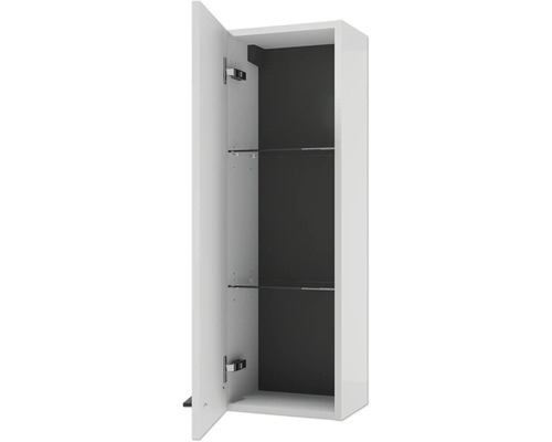 Armoire suspendue de salle de bains avec porte ouverte, deux étagères en verre, corps blanc et fond sombre.
