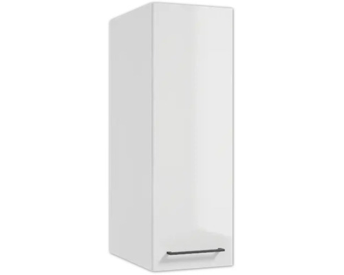 Armoire suspendue blanche brillante pour salle de bain, dotée d'une porte et d'une poignée noire en bas.