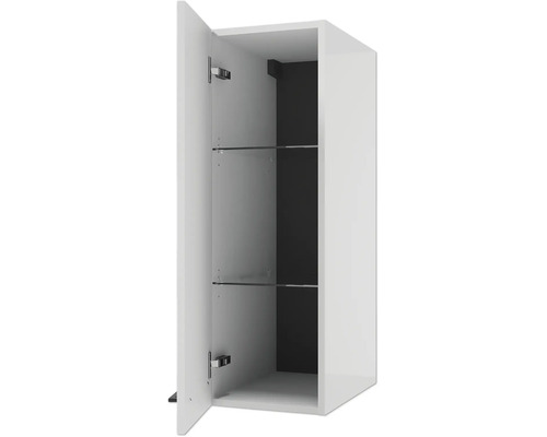 Armoire de salle de bain murale avec porte ouverte, deux étagères en verre et fond foncé.