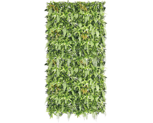 Mur végétal artificiel avec fougères et diverses feuilles pour décoration murale.