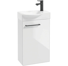 Meuble lave-mains pour WC d'invités avec vasque blanche et robinetterie noir mat.