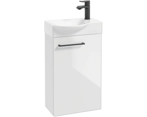 Meuble lave-mains pour WC d'invités avec vasque blanche et robinetterie noir mat.