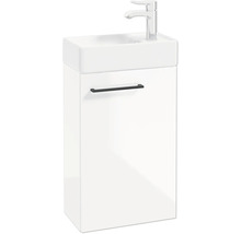 Meuble sous-vasque blanc pour toilettes d'invités avec lavabo, poignée noire et robinet chromé.