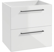 Weißer Waschbeckenunterschrank mit zwei Schubladen und schwarzen Griffen für das Badezimmer.