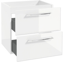 Meuble sous-vasque moderne blanc avec deux tiroirs et poignées chromées.