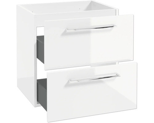 Meuble sous-vasque moderne blanc avec deux tiroirs et poignées chromées.