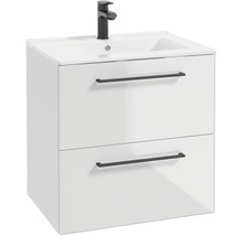 Meuble sous-vasque blanc avec deux tiroirs, poignées noires, lavabo intégré et robinetterie noire.