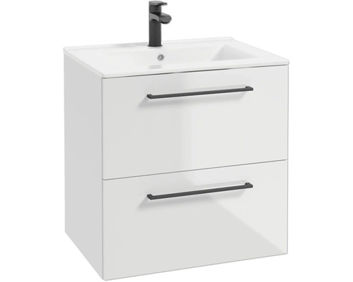 Meuble sous-vasque blanc avec deux tiroirs, poignées noires, lavabo intégré et robinetterie noire.