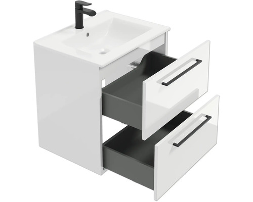 Meuble sous-vasque moderne blanc avec deux tiroirs ouverts, vasque blanche et robinet noir.
