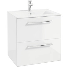 Meuble sous-vasque blanc avec deux tiroirs, poignées chromées, lavabo blanc et mitigeur chromé.