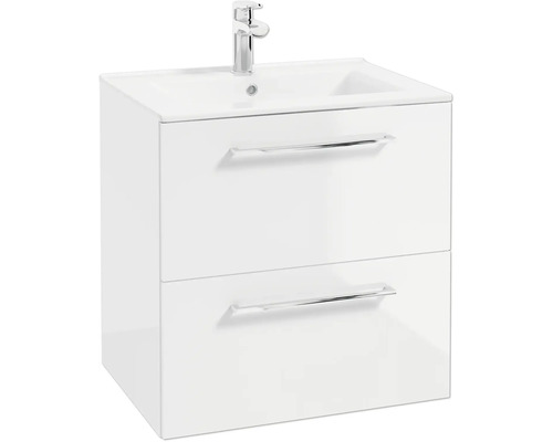 Meuble sous-vasque blanc avec deux tiroirs, poignées chromées, lavabo blanc et mitigeur chromé.
