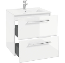 Meuble sous-vasque avec lavabo et robinet, deux tiroirs ouverts avec poignées chromées.