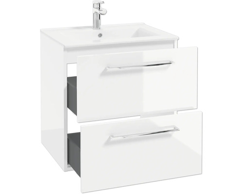 Meuble sous-vasque avec lavabo et robinet, deux tiroirs ouverts avec poignées chromées.