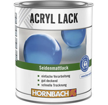 Vernis acrylique Hornbach satiné, application facile, bon pouvoir couvrant, séchage rapide, label écologique, Hornbach Logo.