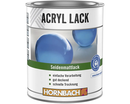Vernis acrylique Hornbach satiné, application facile, bon pouvoir couvrant, séchage rapide, label écologique, Hornbach Logo.