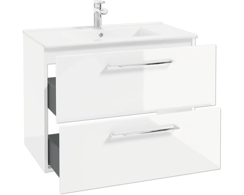 Meuble sous-vasque blanc avec lavabo et mitigeur, deux tiroirs ouverts avec poignées chromées.